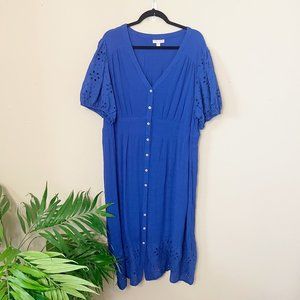 Knox Rose Royal Blue Boho Eyelet Lace Button Down Midi Dress 2X